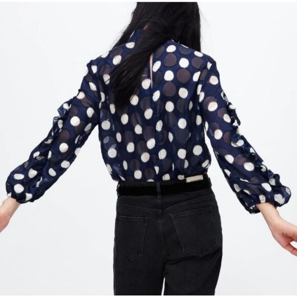 Zara EUC Semi Sheer Polkadot Navy White Ruffled Blouse Size XS - Picture 3 of 13